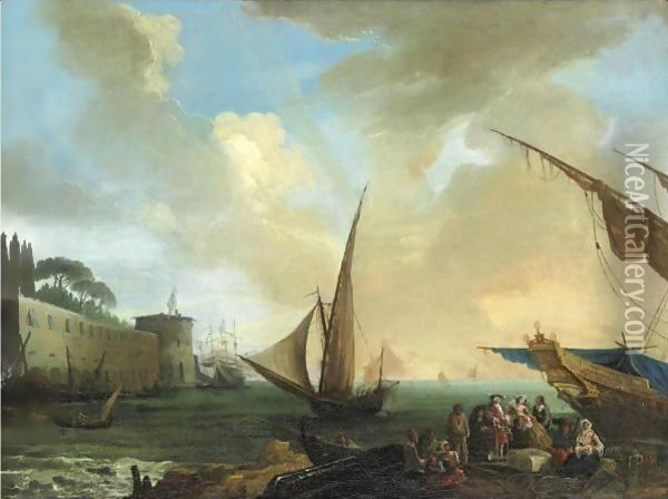 Veduta Costiera Con Imbarcazioni E Figure Sul Molo Oil Painting - Vernet Claude Joseph