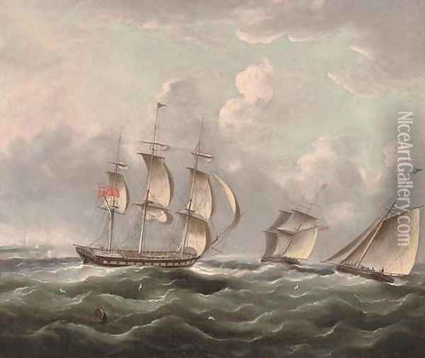 Ships of the Royal Navy running up the coast passing a headland Oil Painting - James E. Buttersworth