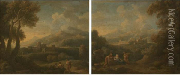 Peasants In A Landscape; A Traveller Talking To Two Peasants In A Landscape: A Pair Oil Painting - Jan Frans Van Bloemen (Orizzonte)