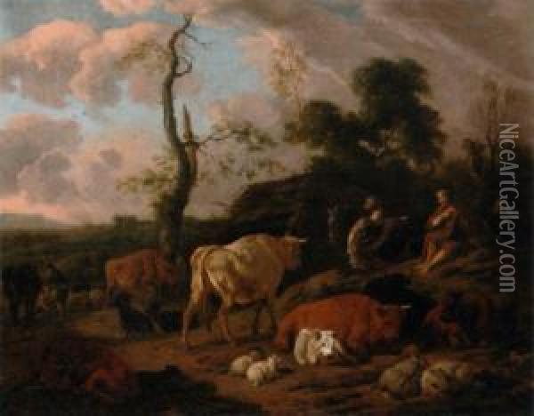Italian Landscape With A Traveller Asking Directions Of A Shepherd Oil Painting - Dirk van Bergen