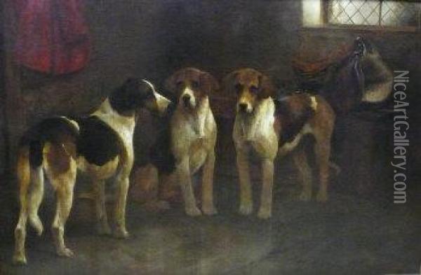 Three Hounds In A Tack Room Interior Oil Painting - George Wright