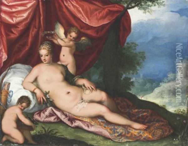 Venus Reclining In A Wooded Landscape, Attended By Putti Oil Painting - Hans Rottenhammer the Elder
