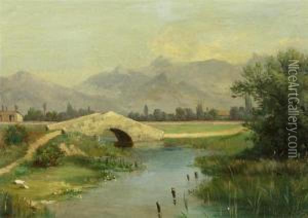 River Landscape With Bridge. Oil Painting - Luigi Chialiva