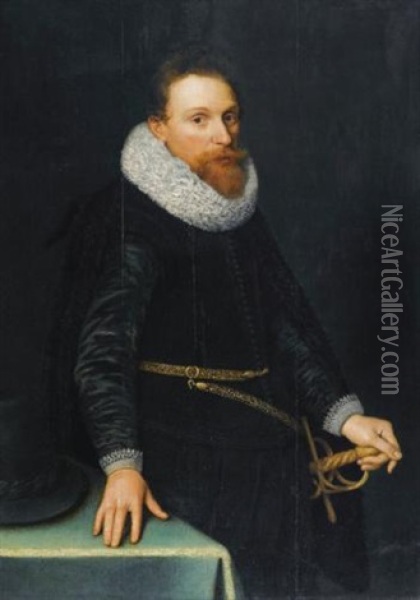 Portrait Of A Gentleman, Three-quarter Length, Standing, Wearing A Black Tunic And White Ruff Oil Painting - Michiel Janszoon van Mierevelt