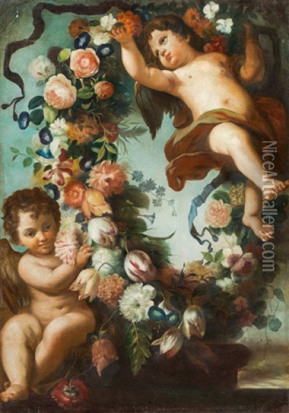 Blumengirlande Mit Zwei Putten Oil Painting - Franz Werner von Tamm