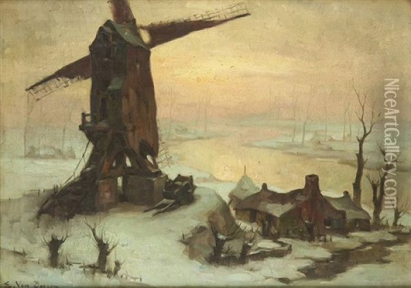 Coucher De Soleil Sur Le Moulin En Hiver Oil Painting - Emile Van Doren
