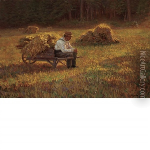 Autumn Landscape With A Fieldhand Resting On A Wheelbarrow Oil Painting - Marie Lokke