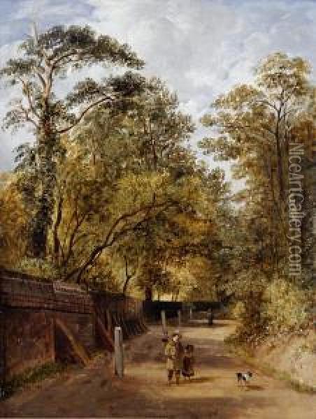 Children With A Dog On A Woodland Road Oil Painting - James Stark
