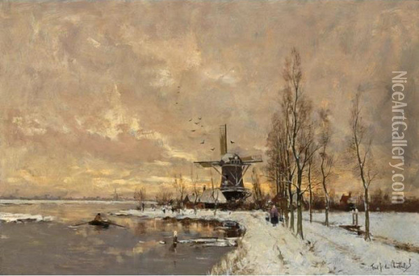 Windmills In A Snow Covered Landscape Oil Painting - Fredericus Jacobus Van Rossum Du Chattel