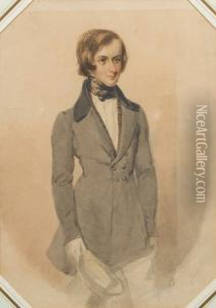 A Gentleman, Wearing Double-breasted Greyfrock Coat With Black Collar Over Brown Waistcoat And White Shirtwith High Tied Stock And Trousers, Holding A Top Hat In His Lefthand. Oil Painting - Simon Jacques Rochard De Nantes