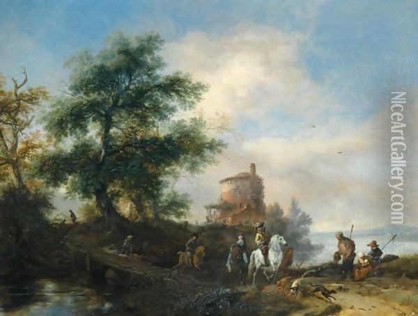 A river landscape with a gentleman and lady riding to the chase Oil Painting - Philips Wouwerman