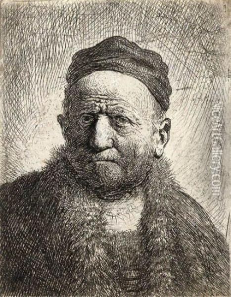 A Man Wearing A Close Cap: Bust Oil Painting - Rembrandt Van Rijn