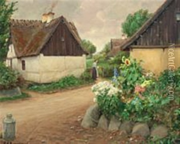 Village With Flowers And Woman Oil Painting - Hans Andersen Brendekilde