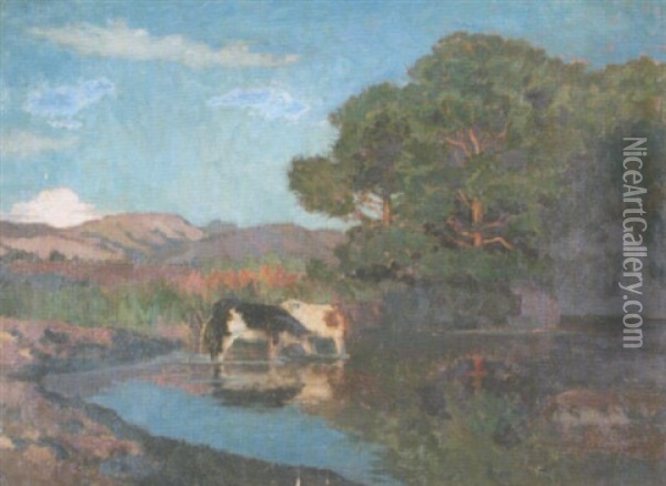 Vaches Dans La Mare En Provence Oil Painting - Emile Rene Menard