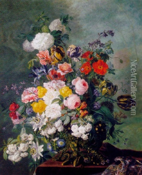 Summer Flowers In A Vase On A Ledge Oil Painting - Jean Benner