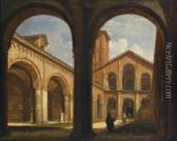 Milano, Il Cortile Di Sant'ambrogio Oil Painting - Giovanni Migliara
