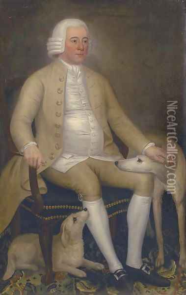 Portrait of a gentleman, seated full-length, in a green coat and white waistcoat, two dogs at his feet Oil Painting - English School