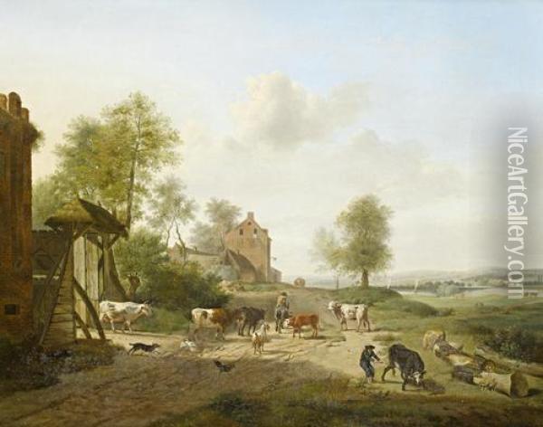 Peasants Grazing Their Cattle In An Open River Landscape Oil Painting - Hendrik van Anthonissen