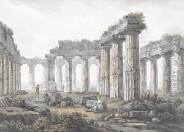 Innenansicht Eines Tempels Von Paestum. Oil Painting - Abraham Louis R. Ducros