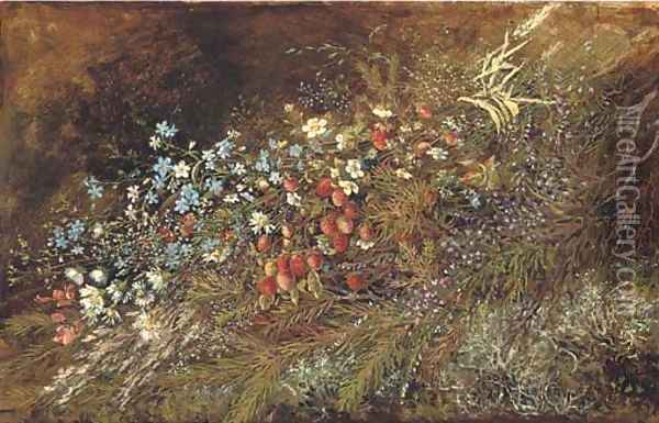 A bouquet of summer fruits and flowers on a mossy bank Oil Painting - Olga Wisinger-Florian