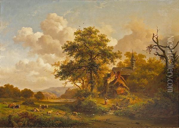 A Tranquil Landscape With Women Washing By A Stream And Cattle And Sheep Resting Oil Painting - Frederik Marianus Kruseman