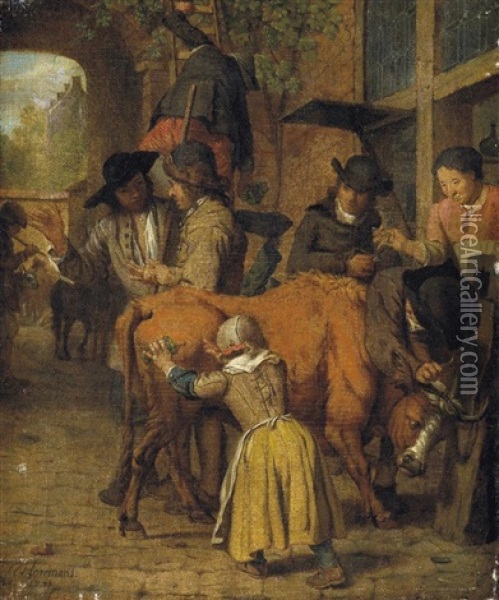 In Einer Gasse In Hollandischem Stadtchen. Bauern Treiben Eine Kuh Zum Markt Oil Painting - Jan Josef Horemans the Elder