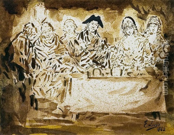 Seis Personajes En Torno A Una Mesa Oil Painting - Eugenio Lucas Velazquez