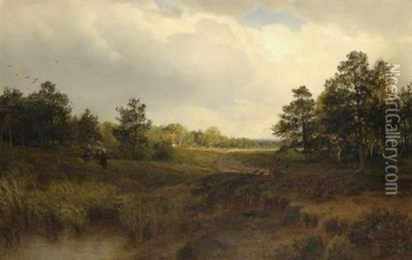 Reisigsammlerinnen In Baumlandschaft Oil Painting - Heinrich Deiters