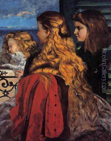Three English Girls at a Window Oil Painting - Gustave Courbet
