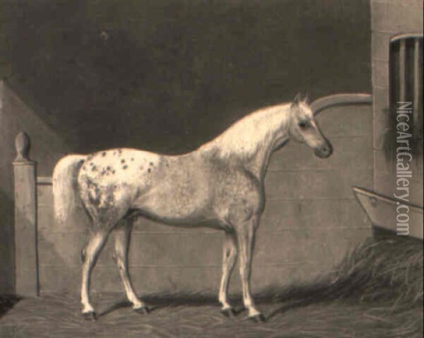 A Dark Bay Hunter In A Stall Oil Painting - Edwin (of Bath) Loder