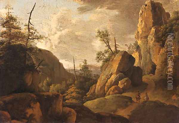 A rocky landscape with horsemen on a track Oil Painting - Norbert Joseph Carl Grund