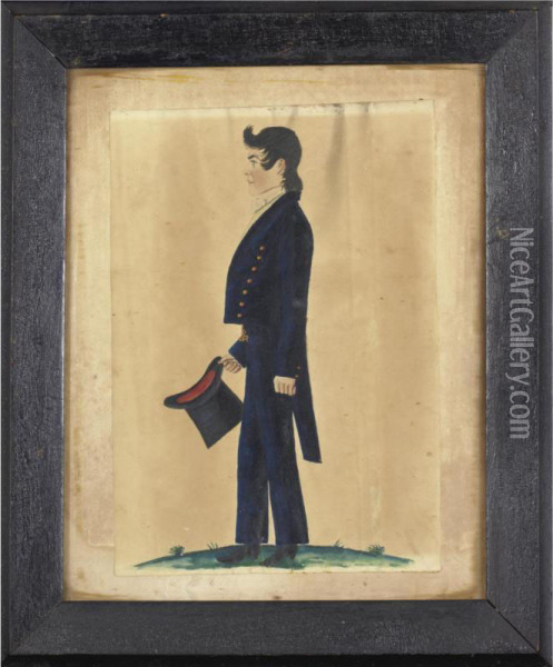 Portrait Of A Handsome Dark Haired Young Man In Black Coat And Black Top Hat Oil Painting - Jacob Maentel