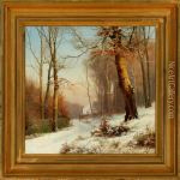 Winter Scenery At A Forest Ranger's Farm Oil Painting - Anders Anderson-Lundby