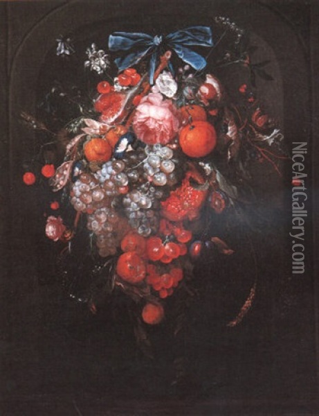 Feston De Fruits Avec Roses, Belles De Jour Et Autre Fleurs Oil Painting - Cornelis De Heem