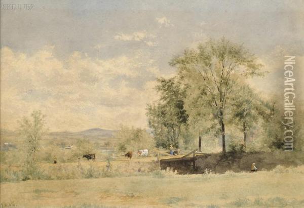 Drover And Cattle Crossing A Wooden Bridge Oil Painting - John William Hill