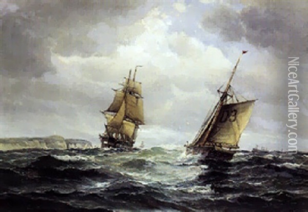 Marine Med Sejlskibe Og Fiskekutter Ud For Stejle Skraenter Oil Painting - Vilhelm Victor Bille