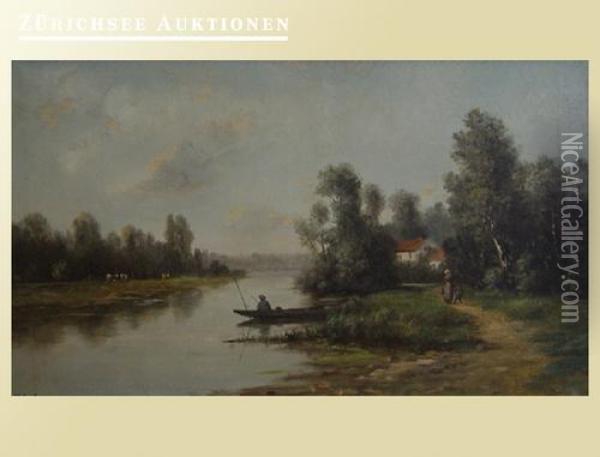 Uferlandschaft Mit Boot, Haus Undfigurenstaffage Oil Painting - Alexandre Felix Leleu