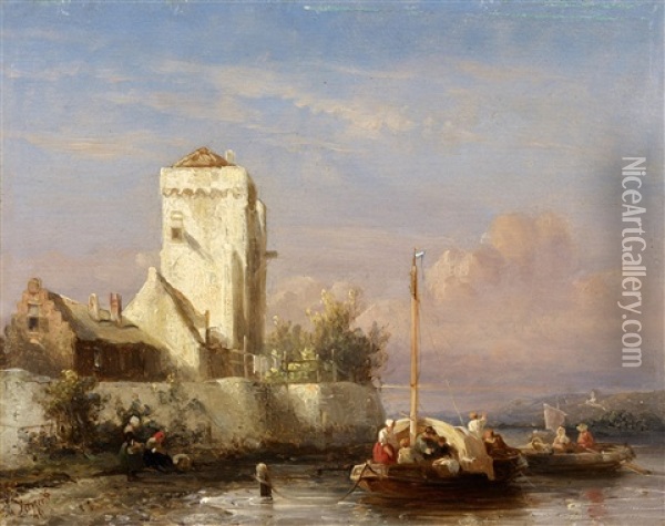River Landscape With Boats Oil Painting - Salomon Leonardus Verveer