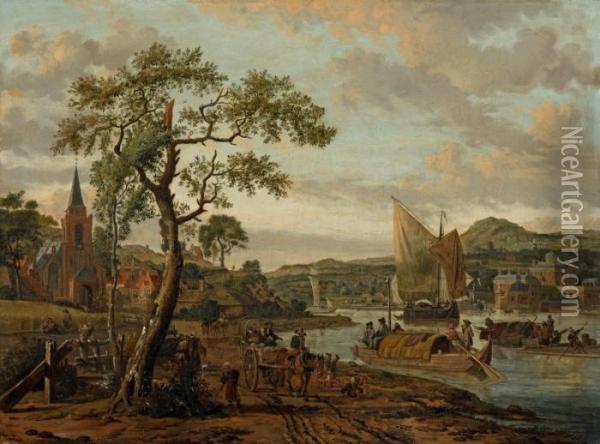 Flusslandschaft Mit Segelschiffen Und Ruderbooten Vor Einer Stadt Oil Painting - Abraham Storck