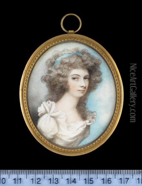 A Lady, Called Mrs Jenny Pigott, Wearing White Dress With Frilled Collar And Blue Bandeau In Her Powdered Hair Oil Painting - Andrew Plimer