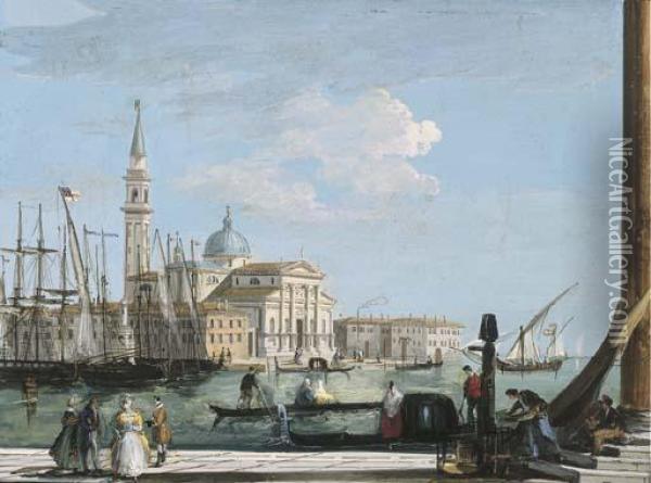 A View Of San Giorgio Maggiore, 
Venice, With A British Shipentering The Bacino Di San Marco Oil Painting - Giuseppe Bernardino Bison