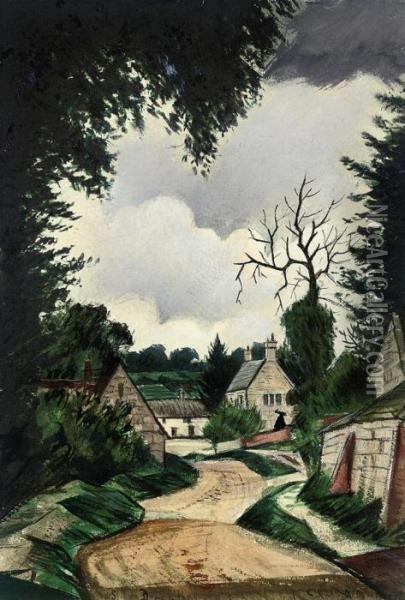 Village Lane Oil Painting - Christopher R. Wynne Nevinson