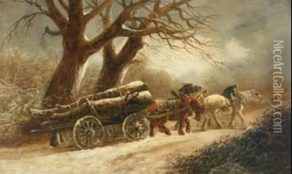 Rustics Driving A Timber Wagon Through Snow Oil Painting - Thomas Barker of Bath
