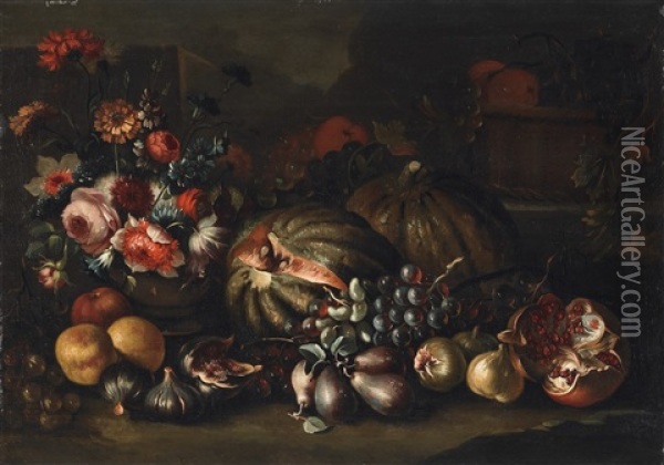 Two Still Lifes With Fruit And Flowers (2 Works) Oil Painting - Tommaso Realfonso