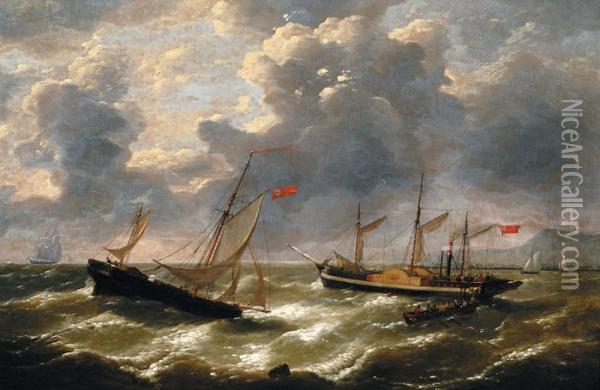 Steamboat And Sailingboat Oil Painting - Louis Verboeckhoven
