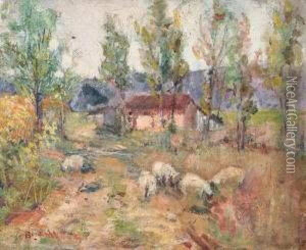 Sheep Grazing With Building In Background Oil Painting - Bryan A. Wall