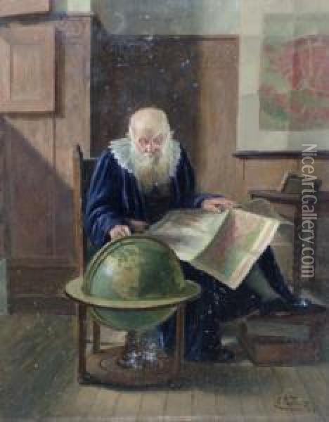 German -- Astronomer With A Globe And A Map Of Venice In An Interior Oil Painting - Ludwig Valenta