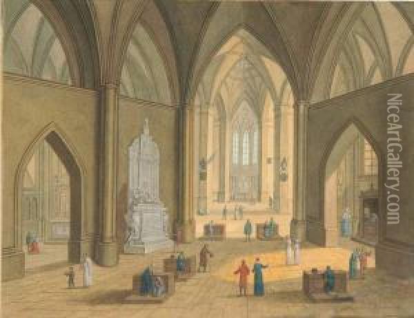 Das Innere Einer Gotischen Hallenkirche. Oil Painting - Johann Jacob Witte
