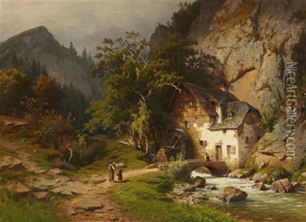 Mountain Landscape With A Mill By A Stream Oil Painting - Joseph Jansen
