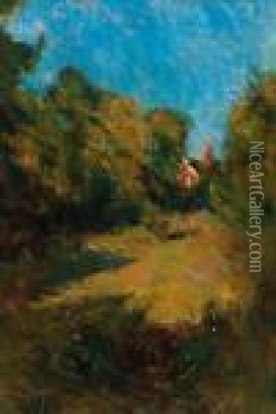 A Sunlit Meadow (recto); A Wooded Landscape A Sketch (verso) Oil Painting - Pierre Eugene Montezin